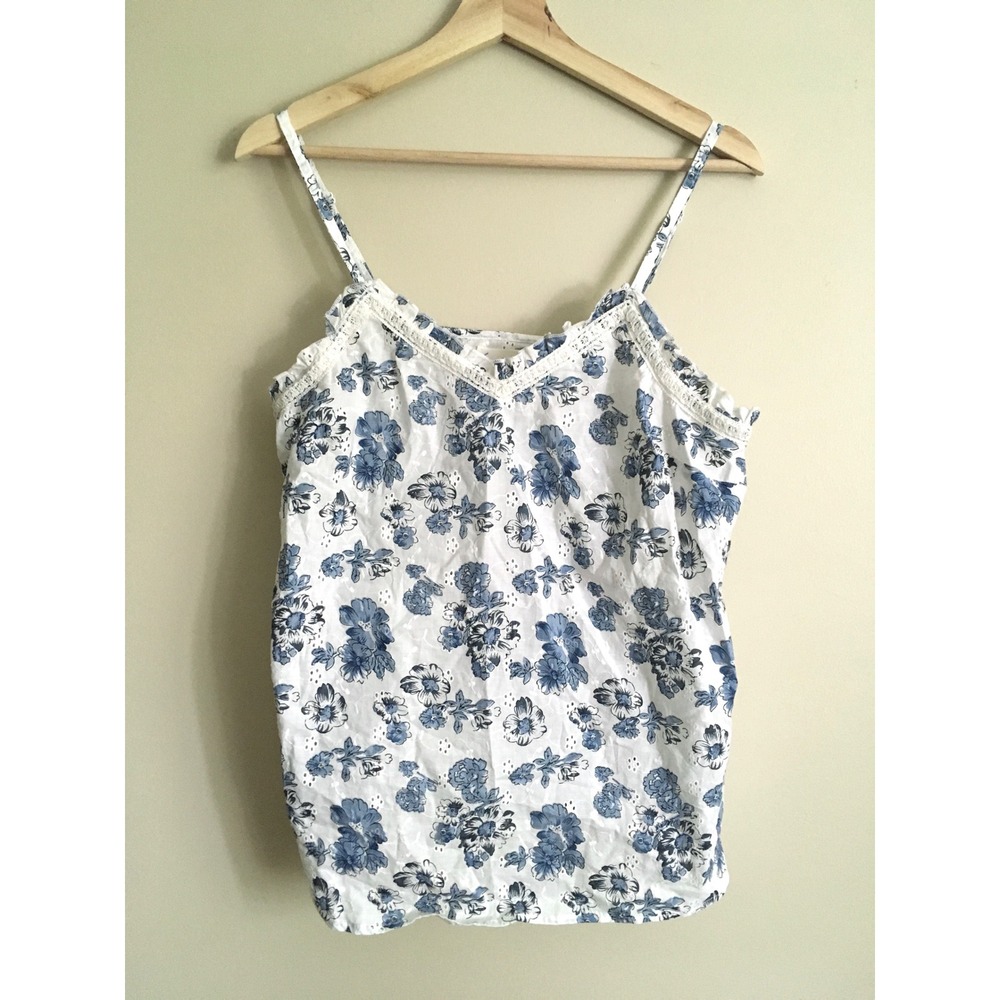 The Prairie by Rachel Ashwell Blue White Floral Eyelet Lace Trim Cami Top Medium